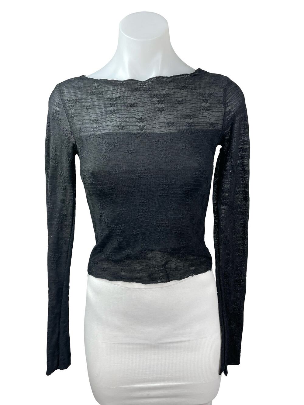 See You Monday Black Long Sleeve Floral Embroidered Mesh Cropped Blouse Top XS